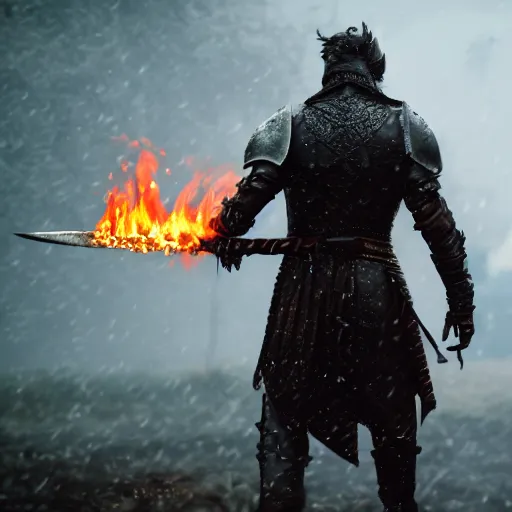 Image similar to The dark paladin with a heated sword in his hand and a burning flame with a sword in the rain. cinematic shot from back, realistic, 4K,