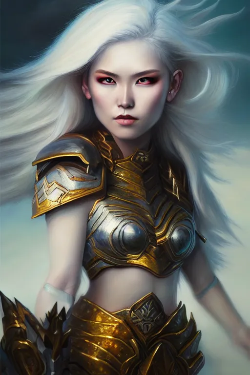 Prompt: oil painting, sakimi chan, white skin, fantasy armor, detailed face, tony sart, wind, lightning, dramatic lighting