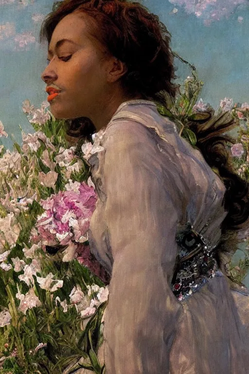 Image similar to close - up fashion black woman portrait airy flowers clouds art by vasnetsov