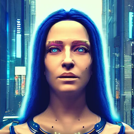 Image similar to a futuristic still of cyberpunk monalisa in a cyberpunk city, 8k, trending on artstation, highly detailed, 3d octane render