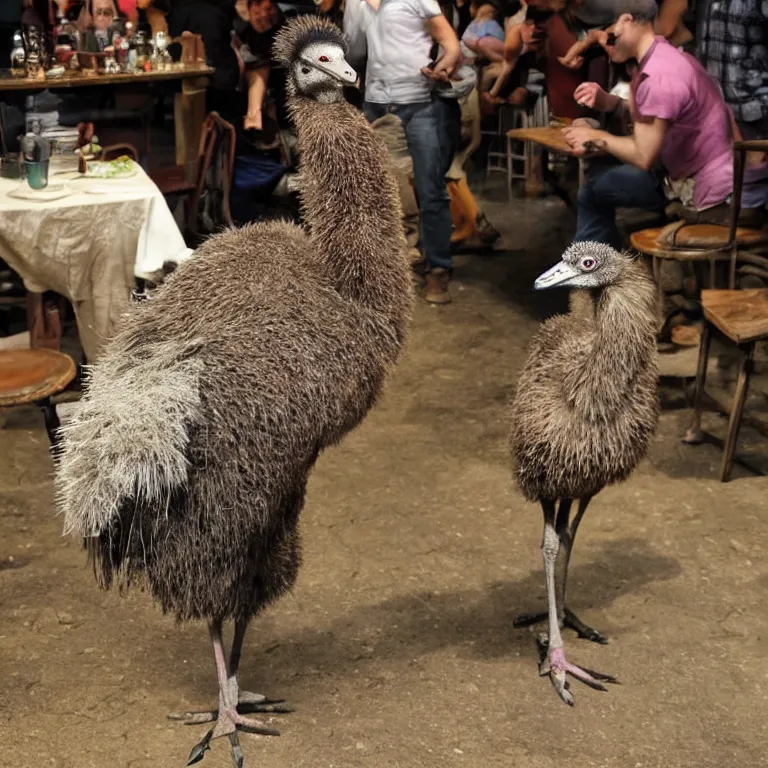 Prompt: an emu in the middle of a crowded halfling tavern