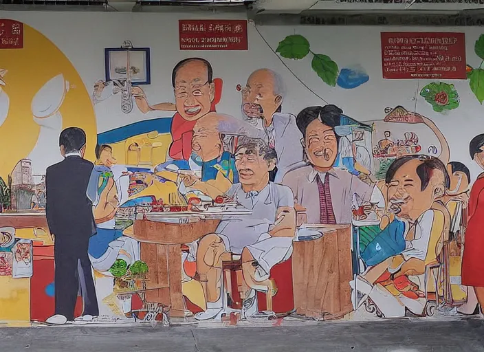 Image similar to Singapore prime ministers in a hawker centre, by Yip Yew Chong, street art