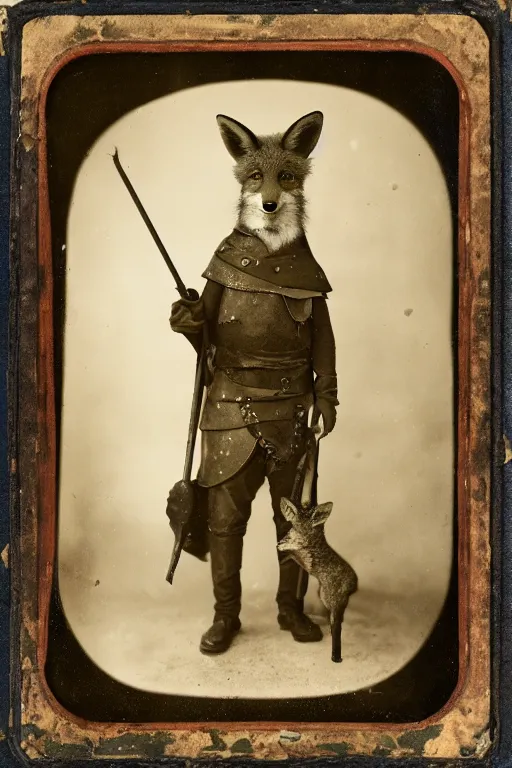 Image similar to a wet plate photo of an anthropomorphic fox dressed as robin hood