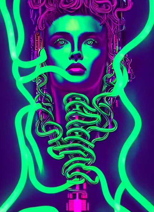 Prompt: medusa, beeple, vaporwave, retrowave, black background, neon wiring, black, glitch, strong contrast, cuts, pinterest, trending on artstation