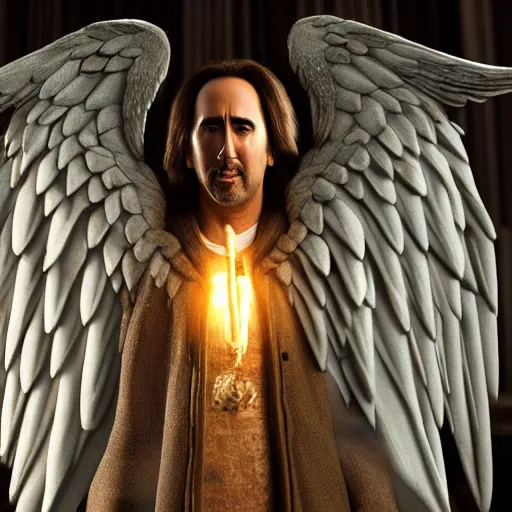 Prompt: nicholas cage angel wings holy light upscale 8 k highly detailed high quality full body shot