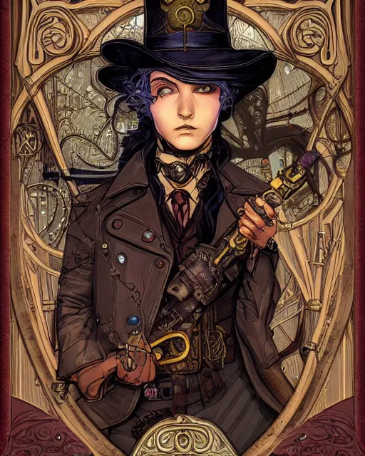 Image similar to a detailed portrait illustration of a steampunk wizard - gunslinger. beautiful androgynous teenage face. art nouveau, pop art, comic book style. influenced by neil gaiman, jules verne, dan mumford, brian froud, killian eng, ross tran.