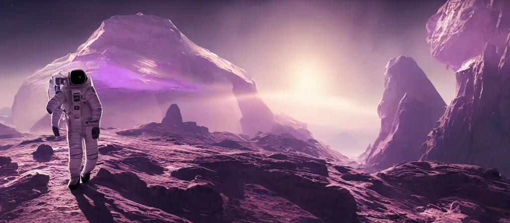 Prompt: one astronaut on purple crystal, beautiful dynamic lighting, cinematic, wide angle establishing shot, extremely high detail, photo realistic, cinematic lighting, post processed, concept art, artstation, matte painting, style by frederic church, raphael lacoste, unreal engine 8 k, roger deakins