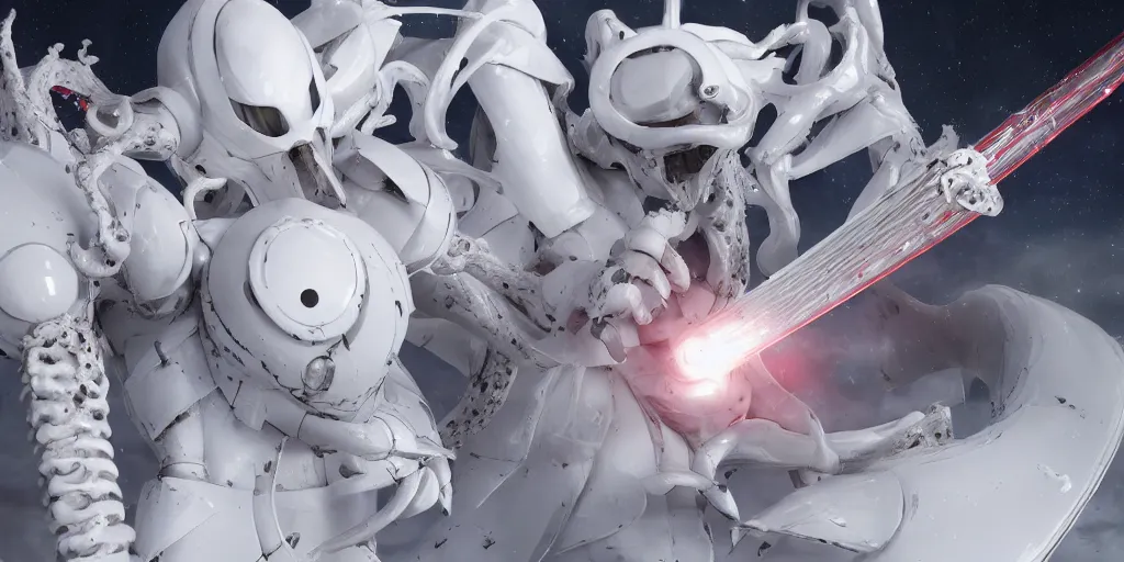 Prompt: 3d render of a white guardian from sidonia no kishi with a kabizashi lance in melee combat with a horrifying tentacles monster in empty stellar space, 150mm, white metallic, wires, microchip, japanese mecha style, highly detailed, white robot, rim light, flashy red lights, tsutomu nihei style