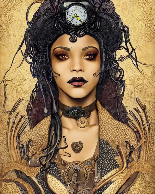 Image similar to a detailed portrait illustration of a steampunk mage - courtesan. beautiful black female face. art nouveau, pop art, comic book style. influenced by neil gaiman, h. p. lovecraft, dan mumford, brian froud, julie bell, killian eng, ross tran.