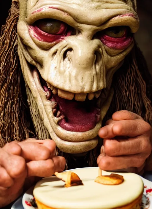 Prompt: closeup profile face portrait of a medieval goblin eating cakes in the cloisters, depth of field, zeiss lens, detailed, symmetrical, centered, fashion photoshoot, by bosch, giger, breathtaking, 8 k resolution, extremely detailed, beautiful, establishing shot, artistic, hyperrealistic, beautiful face, octane render