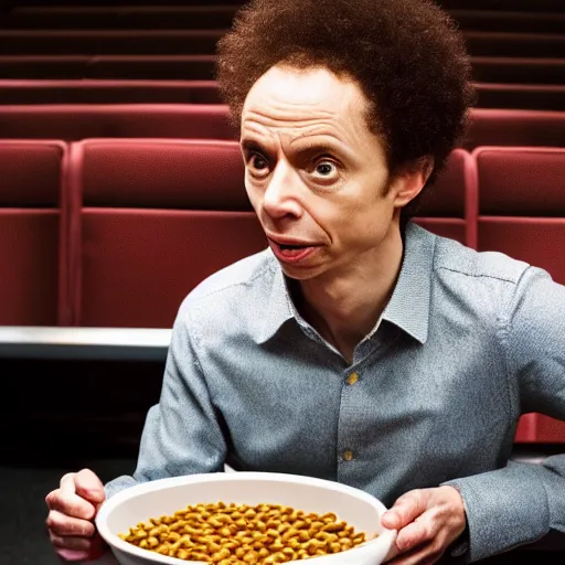 Prompt: malcolm gladwell eating beans from a bowl in an empty AMC movie theater, high res, 4k, realistic