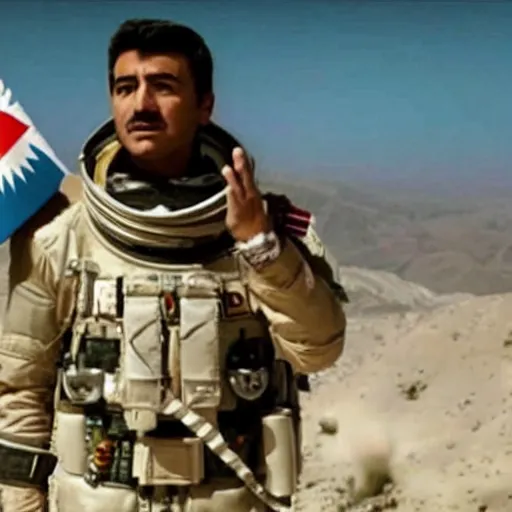 Image similar to kurdish astronaut holding a kurdish! kurdistan! flag in a movie directed by christopher nolan, movie still frame, promotional image, imax 7 0 mm footage