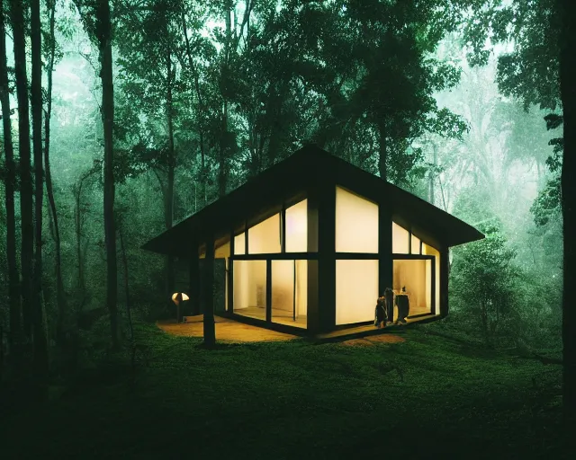 Image similar to an exquisite wooden house in the middle of a lush forest, minimalist design, architectural photography, dark and dim lighting, beautiful, tranquil, moody, cinematic, fantasy, 3 5 mm lens, volumetric lighting, first person view, photographic render, hyper realistic