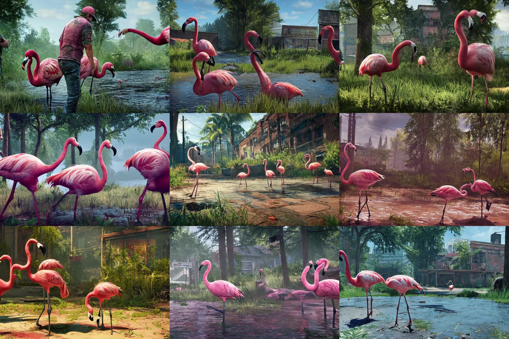 Prompt: a promotional gameplay screenshot of pink flamingos in the video game the last of us. 3 d rendering. very detailed
