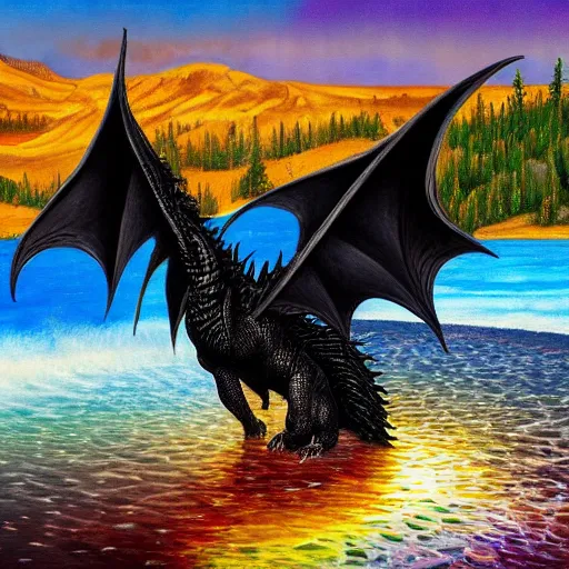 Image similar to highly detailed oil painting of a black dragon in a colorful hotspring at yellowstone national park, featured on artstation