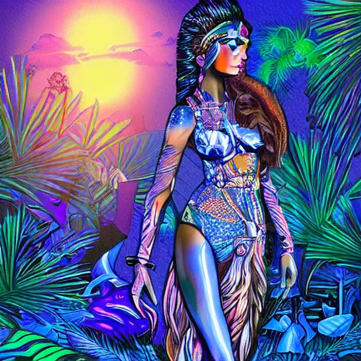 Prompt: Flashy futuristic techno-rave goa goddess with an aureola behind her, at sunset in the jungle, detailed digital art