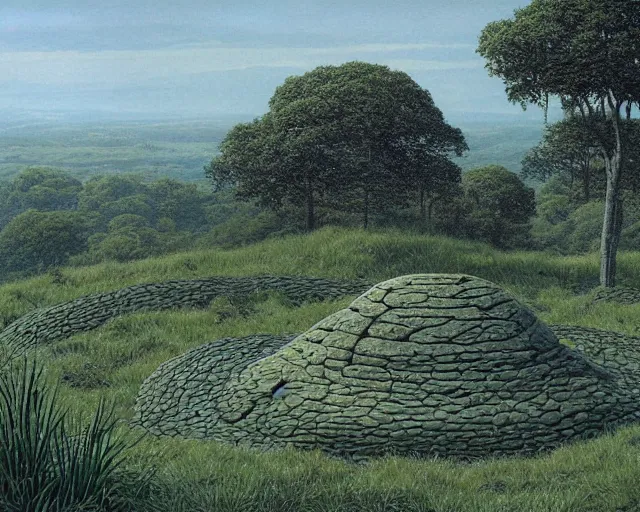 Prompt: a swampy hill landscape with a circle of large stones in the shape of a finger, by ted nasmith
