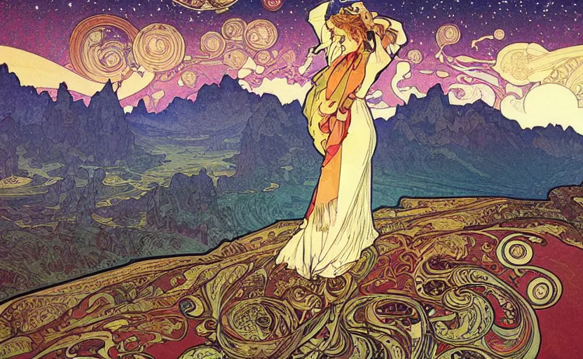 Prompt: mountains, stars and paisley filled sky, artstation, intricate, highly detailed, digital painting, concept art, sharp focus, illustration by Alphonse Mucha and Ivan Bilibin