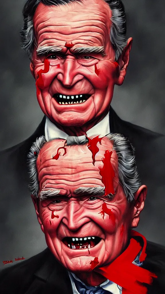 Prompt: demonic george hw bush with red horns, painting in the style of norman rockwell, 1 9 5 0 s, evil, satan, devil, demonic, demon, hyperrealistic, photorealistic, award - winning, 4 k, ultra hd, artstation, intricate, highly detailed, american, usa, dark, gritty