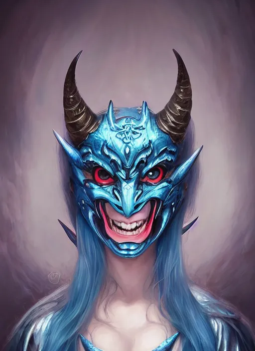 Image similar to a beautiful detailed oil on copper art illustration of a japanese blue devil mask devil woman, centered, by charlie bowater, zeng fanzh, trending on artstation, dim dusk lighting, cinematic lighting, detailed lighting, volumetric lighting, realistic, f 8, 4 k hd wallpaper