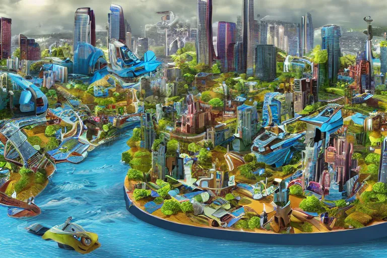 Image similar to city utopia with a river and spaceship.