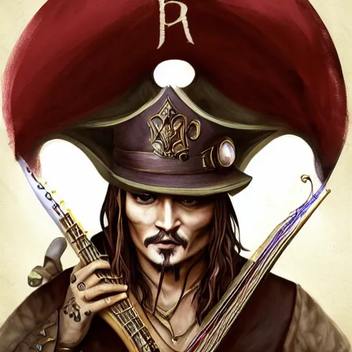 Image similar to a bard that is johnny depp, dungeons and dragons, epic illustration, fantasy illustration, epic, 8 k, artstation, lute