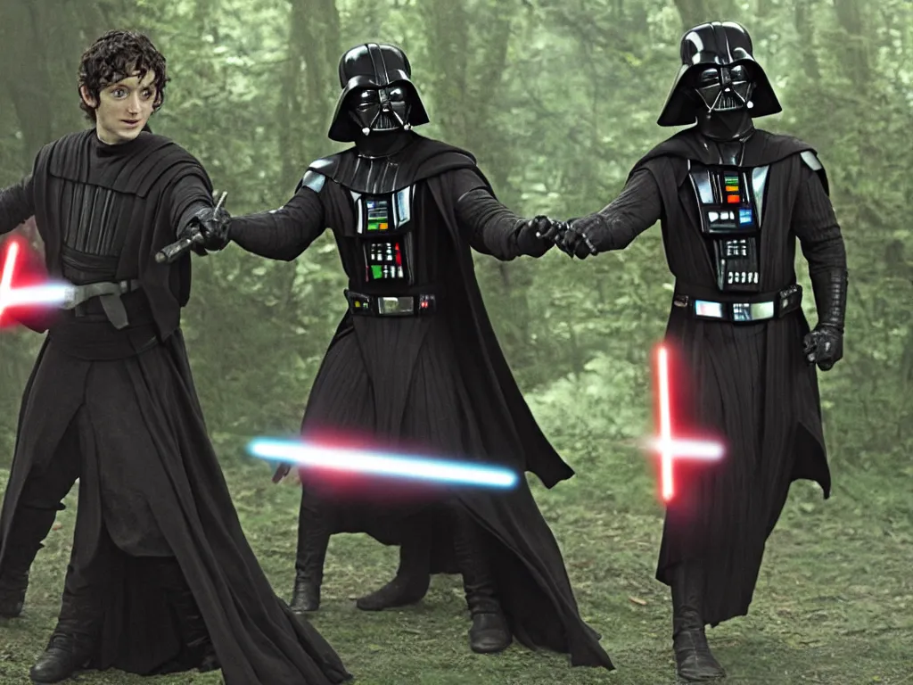 Prompt: Elijah Wood Frodo vs Darth Vader in lightsaber combat