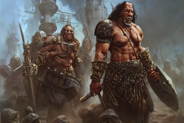 Prompt: A beautiful oil painting of Danny Trejo in Warhammer Vermintide, by Lucas Graciano, Frank Frazetta, Greg Rutkowski, Boris Vallejo, epic fantasy character art, warhammer fantasy, Exquisite detail, post-processing, low angle, masterpiece, cinematic