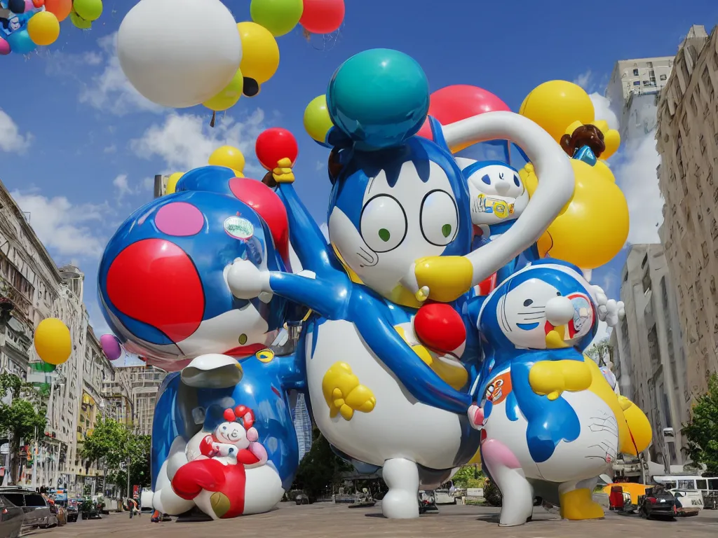 Prompt: Jeff Koon’s Doraemon Dorami Bubbles statue, painted by Botero