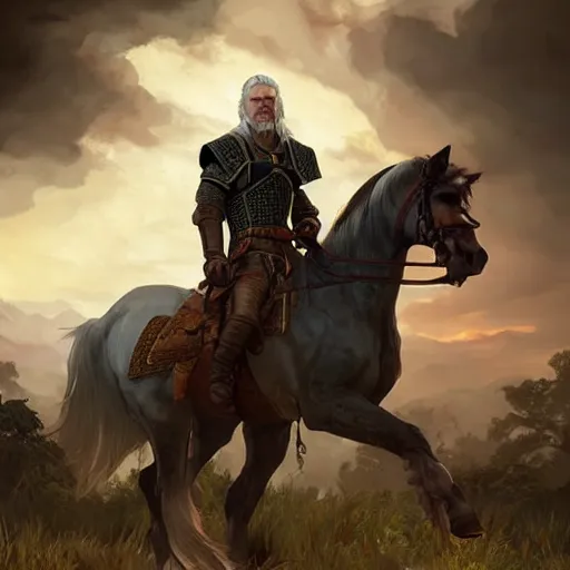 Prompt: geralt the witcher 3 riding a horse meeting with samuel l jackson d & d fantasy intricate elegant highly detailed digital painting artstation concept art matte sharp focus illustration hearthstone art by artgerm art by greg rutkowski art by alphonse mucha