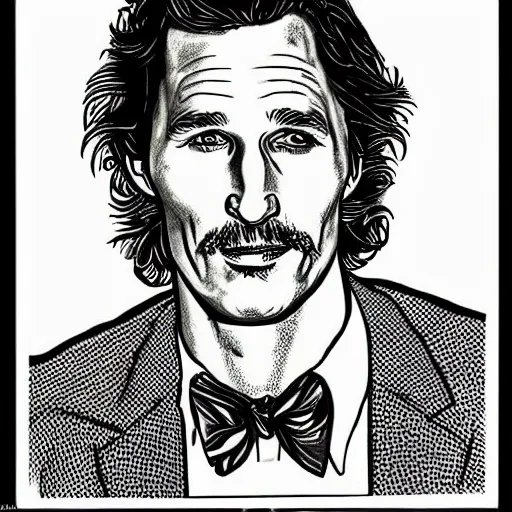 Image similar to a portrait drawing of Mathew McConaughey drawn by Robert Crumb