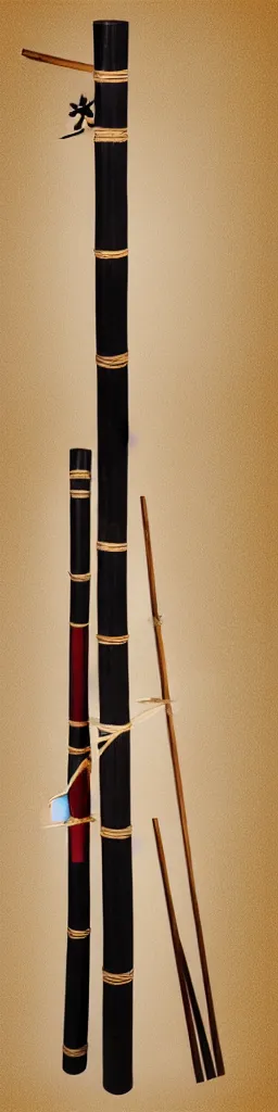 Prompt: picture of a single wooden long straight thin ninja fighting staff with oriental ornaments, bamboo, weapon, highlight, vertical, centred, symmetric, sci - fi, fantasy, japan, dnd, close shot, bright uniform background, award winning