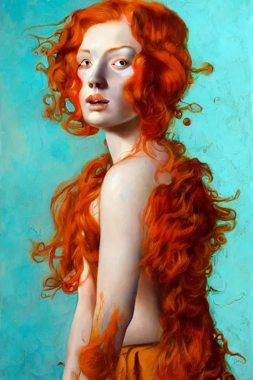 Prompt: hyper realistic painting portrait of a redhead girl with flowing curls and closed eyes, orange subject and turquoise background, hyper detailed face by stjepan sejic, by norman rockwell, by michael hussar, by roberto ferri, by ruan jia, textured turquoise background