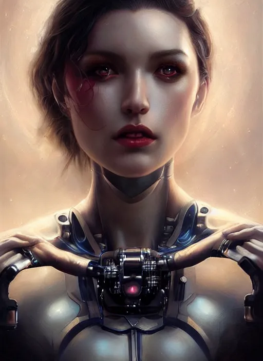 Image similar to a beautiful woman with cybernetic muscles, painted by artgerm and tom bagshaw, fantasy art, dramatic lighting, highly detailed oil painting