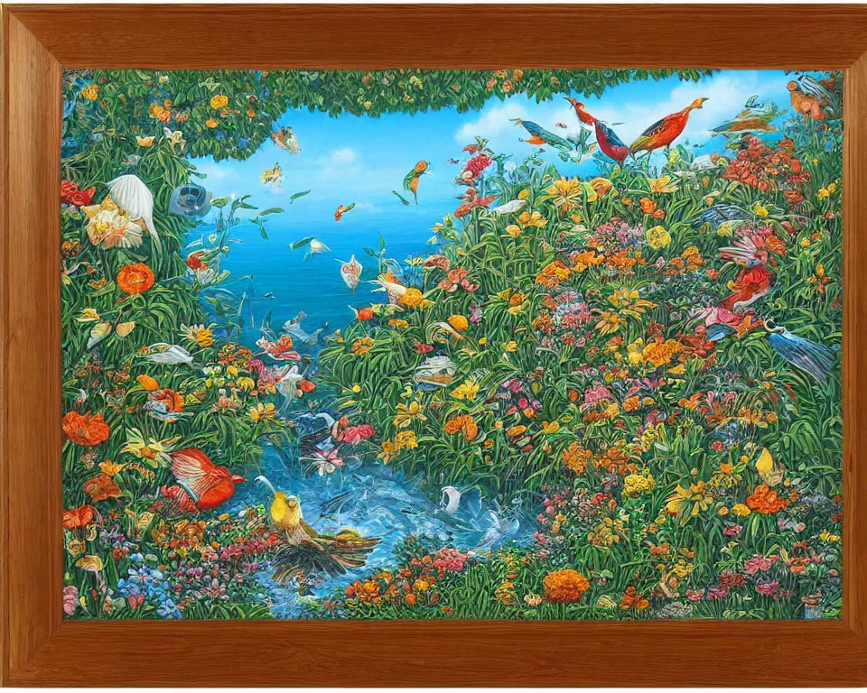 Image similar to birds sea wall garden painting in a frame by Jacek Yerka,