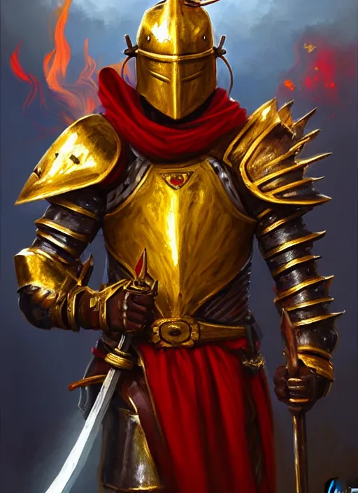 Image similar to a _ fantasy _ style _ portrait _ painting _ of knight with red plume, gold sword and big shield, fire background, firey environment, oil _ painting _ unreal _ 5 _ daz. _ rpg _ portrait _ extremely _ detailed _ artgerm _ greg _ rutkowski _ greg