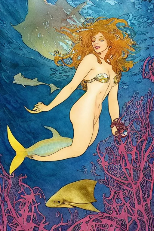 Image similar to a beautiful intricate watercolor illustration of goldie hawn as a mermaid swimming with a manta ray in a coral reef, tropical fish and octopus and coral, 4 k, ultra - wide angle, by william turner, by victo ngai, by alphonse mucha, by miho hirano, by moebius, hd, trending on artstation, hyper detailed, muted intense colors