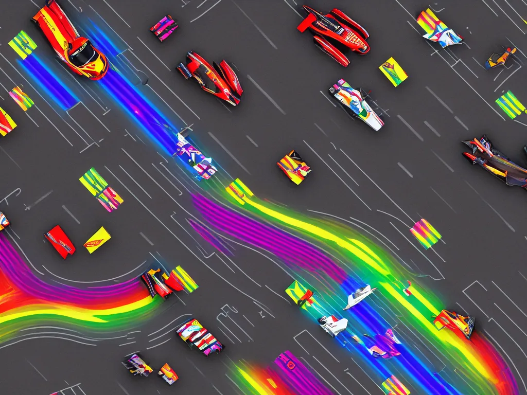 Prompt: race cars with various liveries racing on a road made out of a rainbow in space, stunning digital art, high detail, 4 k, trending on artstation, great composition, focus on cas