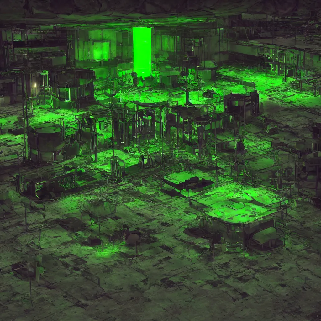 Image similar to secret under ground base with a green glowing uranium tank, octane render, xray melting colors