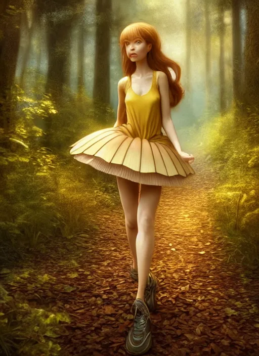 Image similar to young woman walking in short skirt : : magic forest mushrooms nature : : weta disney pixar movie still photo : : decadent highly - detailed digital painting, full length shot, golden ratio, octane render, artstation, smooth, sharp focus, artgerm, mucha, loish, wlop, gogo