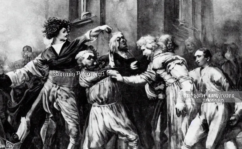 Image similar to a close - up old black and white photo, 1 9 1 3, depicting isaac newton wearing a big wig fighting gottfried leibnitz wearing a big wig in the streets of paris, rule of thirds, historical record