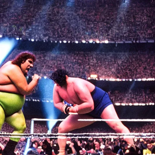 Image similar to shrek vs andre the giant at wrestlemania 8, dramatic lighting, 8k