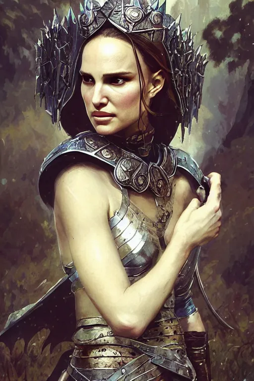 Image similar to natalie portman, legendary warrior, heroic, lord of the rings, tattoos, decorative ornaments, battle armor, by carl spitzweg, ismail inceoglu, vdragan bibin, hans thoma, greg rutkowski, alexandros pyromallis, perfect face, fine details, realistic shading photorealism