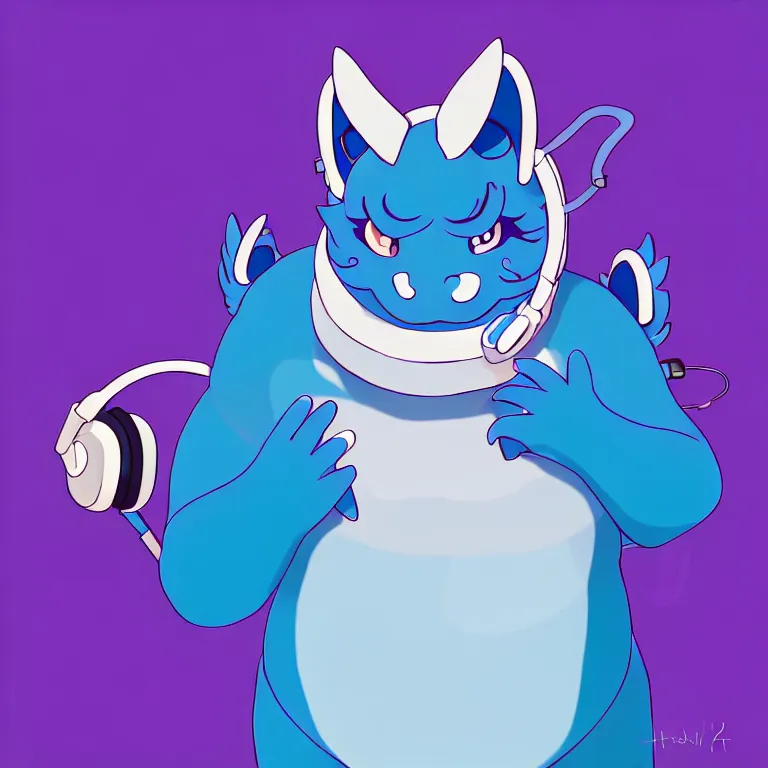 Image similar to a chubby anthropomorphic male blue dragon fursona, headphones on his head, cute, furry, beautiful, soft colors, oil on canvas, digital art, soft lighting