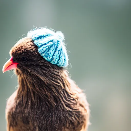 Prompt: a kiwi bird wearing a wooly hat! Ultra realistic! 25mm f/1.7 ASPH Lens!