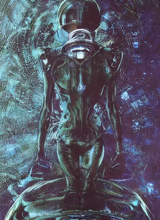 Image similar to alien astronaut in dark void underwater - complex and hyperdetailed technical suit design. reflection and dispersion materials. rays and dispersion of light. volumetric light. f / 3 2. noise film photo. flash photography. ultra realistic, 5 0 mm. poster by wayne barlowe, hajime sorayama aaron horkey, craig mullins