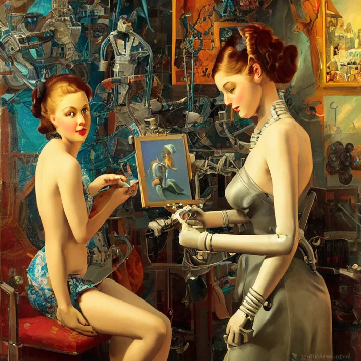 Image similar to robot artist painting a self - portrait on a canvas. intricate, highly detailed, digital matte painting, in the style of alexandros pyromallis, and in the style of hans thoma, and in the style of gil elvgren. irony, recursion, inspiration.