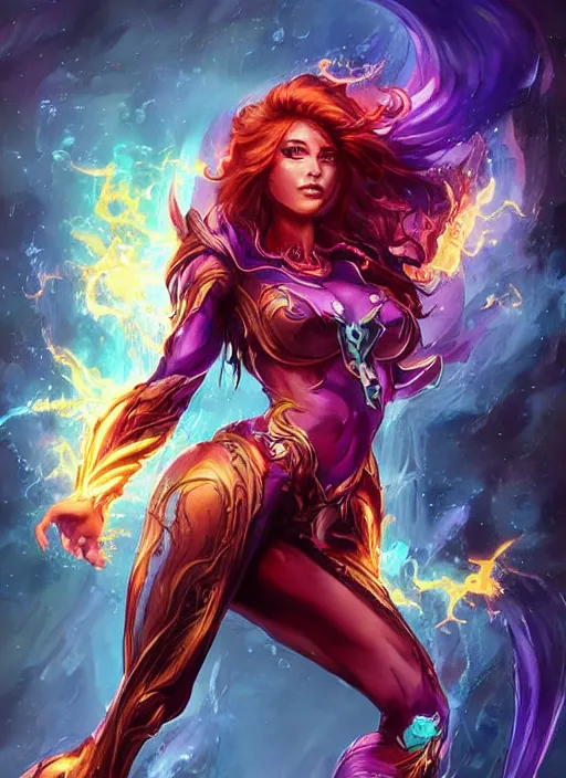 Prompt: front portrait hands behind body pose of attractive Starfire with ginger wavy hair, hands behind her body pose!, Intricate overlay flames imagery , D&D!, fantasy style, sharp focus!, ultra detailed, art by Artgerm and Peter Andrew Jones, WLUP