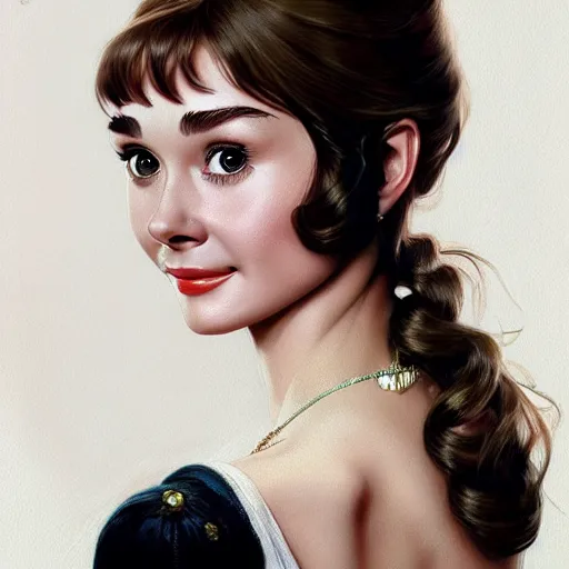 Image similar to portrait of a young audrey hepburn, upper body, seductive eyes, long hair, joyful smirk, intricate, elegant, highly detailed, digital painting, artstation, concept art, matte, sharp focus, illustration, art by artgerm and greg rutkowski and alphonse mucha
