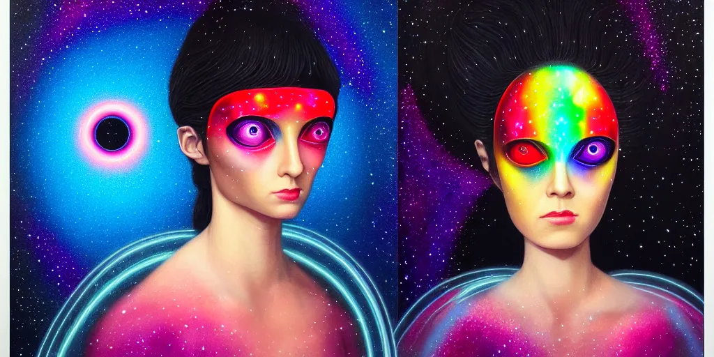 Image similar to patron saint of 🛸🌈👩🏾, futuristic iridescent clothing, wormhole, nebula, black hole, aries constellation, multiverse, neon god of city character portrait, in the style of margaret keane, moebius, tom bagshaw, and waterhouse, cinematic lighting, beautiful, elegant, oil painting,